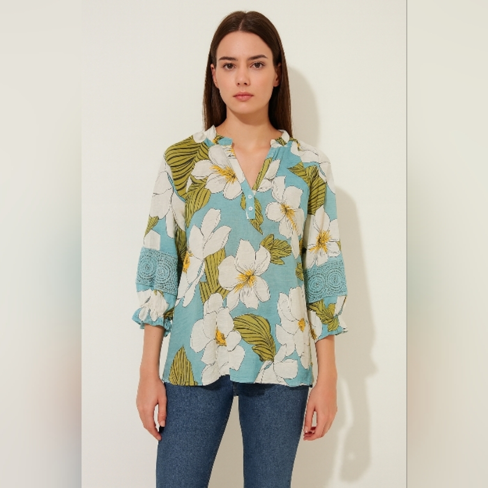 Unique‎ Spectrum S Floral Boho Peasant Top Crochet Sleeve Detail Tunic Blouse